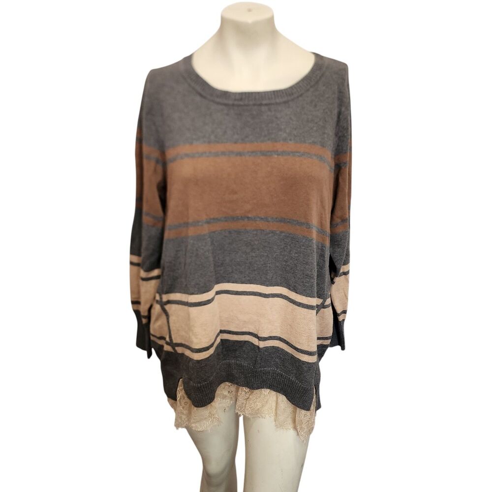 LOGO Lori Goldstein Sweater Tunic Lace Hem Striped Cashmere Blend 1X